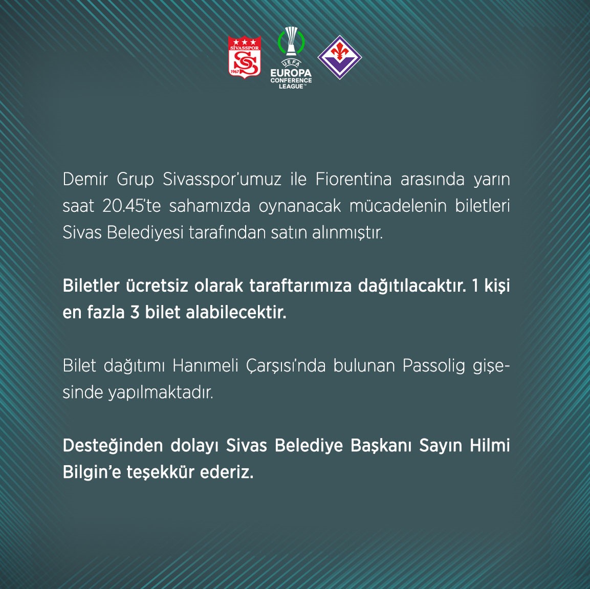 Sivas Belediyesi’nden Sivasspor taraftarına bilet jesti