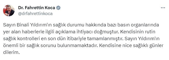 Sağlık Bakanı Koca: “Binali Yıldırım’ın önemli bir sağlık sorunu bulunmamaktadır”